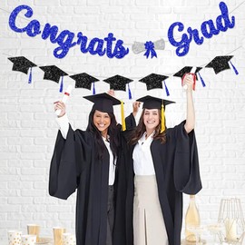 FHGG Congrats Grad Congratulations Decorations Banner Pre-Strung Glitter Blue Graduation Class of 2026 with Tassel Decor College High School Party Favors NO DIY