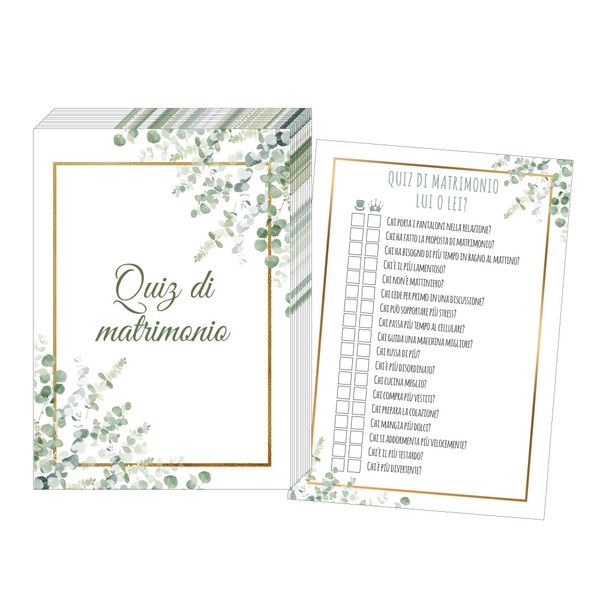 JEKA Quiz di Matrimonio, Set di 50 Carte per Quiz di Matrimonio, Gioco per invitati e sposi, Divertimento per Matrimoni, Regalo di Nozze, Design Verde/Oro