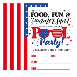 UDNADKEX 4th of July Invitations Pool Party with Envelopes, Summer Party Patriotic Invites, Independence day Invite Cards, Food Fun & Summer Fun, 4"x6" Set of 20