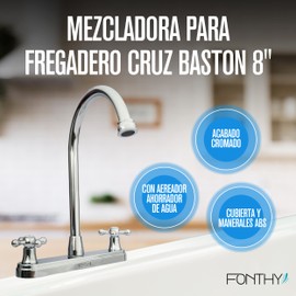 Mezcladora para Fregadero Cruz Baston 8" Entre Orificios | Acero Inoxidable y ABS Cromado | Mezcladora para Fregadero con Aereador Ahorrador de Agua y Cartucho de Alta Durabilidad | FONTHY