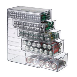 BTSKY Clear Plastic Battery Storage Organizer for AA, AAA, 9V, C, D Batteries, 5-Drawer Storage Box Battery Holder Organizer for Common Types Batteries, Household Container(Batteries Not Included)