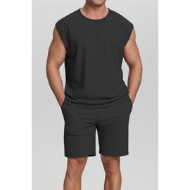 Cakulo Mens Summer 2025 Beach 2 Piece Shorts Sets With Pocket Tank Tops Sleeveless Muscle Shirts Outfits Set Black M