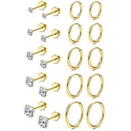 GLURIZ Aretes Mujer Acero Quirurgico, 10 Pares Aretes de Titanio y e Aretes de Aro, Aretes de Oro, Aretes de Aro Pequeños de Acero Inoxidable Quirúrgico 316L, Regalos para Mujeres