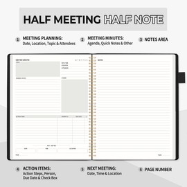 SUNEE Half Meeting Half Note - 8.5"x11" Professional Notebooks for Work - 160 Pages, A4 Size Project Planner, Spiral Meeting Agenda Organizer for Women Men, Note Taking,Office with Vegan Leather Cover