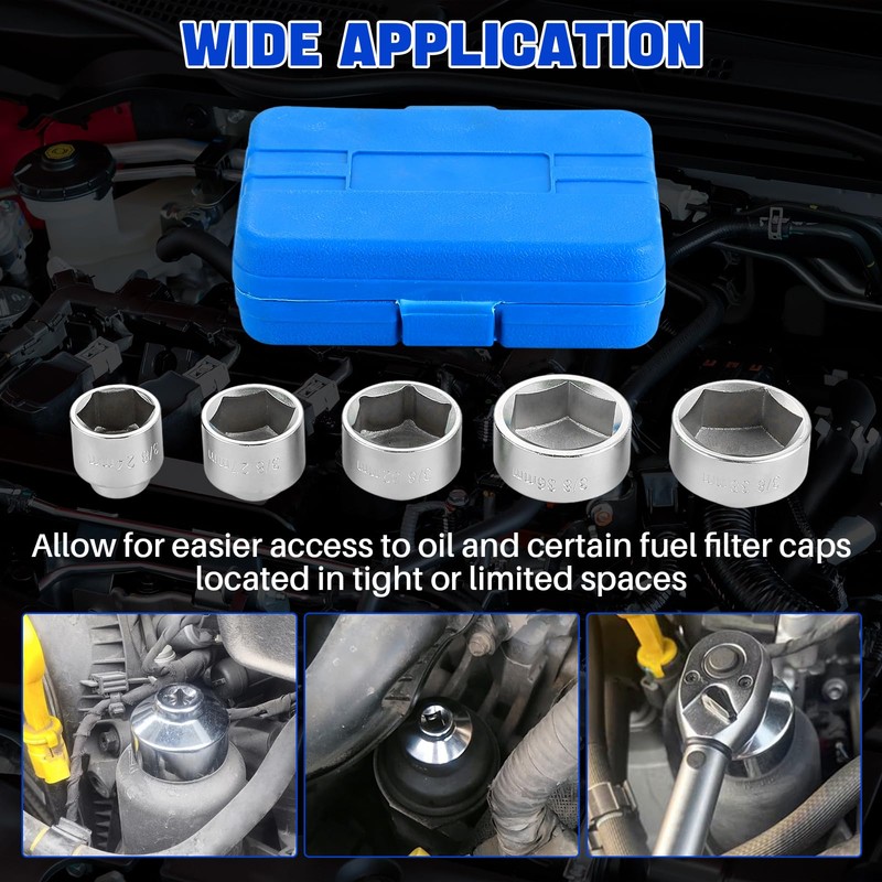DASBET 5PCS Oil Filter Cap Wrench Socket Set 3/8" Drive
