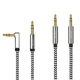 Baker 2 x Aux Cable, (90° Right Angle Plug + Straight Connector Audio Cable) 1 m 3.5 mm Stereo Nylon Braided Aux Audio Cable for Headphones, iPods, iPhones, iPads, Home/Car Stereos, Black and White