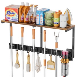 Broom Holder Wall Mount with Cleaning Supplies Organizer, Laundry Room Organization and Storage Shelves with Mop Hanger Rack Gripper Hooks, Utility Shelf Closet Organizer for Home Garage Kitchen