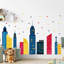 Runtoo Colorful City Skyline Wall Stickers Building Silhouettes Stars Wall Decals for Bedroom Baby Nursery Living Room Kids Decor