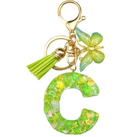 MBZRQKZS Green Letter A-Z Keychain for Women Tassel Butterfly Key Ring for Purse Handbag Car Keys,C