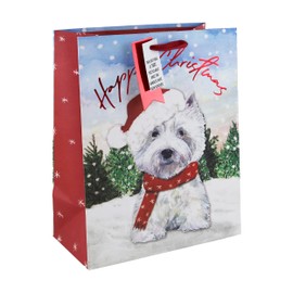 Eurowrap White Kraft Paper Happy Christmas Cute Dog Westie Gift Bag Eco Friendly 100% Recyclable with Red Gift Tag Xmas Gift Wrap Large