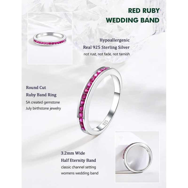 RANDES Red Ruby Ring Sterling Silver Band Rings for Women