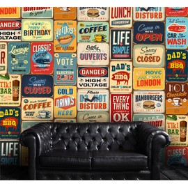 WALPLUS Removable Self-Adhesive Wall Stickers Vintage Metal Sign Collage 2 Packs Mural Art Decals Vinyl Home Decoration DIY Living Bedroom Décor Wallpaper, 300x280 cm, Multi-Colour
