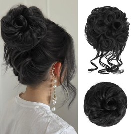 Vigorous Messy Bun Hair Piece for Women - 2PCS Synthetic Hair Pieces with Tousled Updo Hair Buns & Wavy Curly Texture Scrunchies Chignon Ponytail  - Easy to Wear & Versatile for Daily Use:_2# Natural Black
