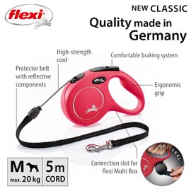 Flexi New Classic Cord Red Medium 5m Retractable Dog Leash/Lead for dogs up to 20kgs/44lbs