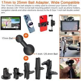 Aluminum 25mm/1 inch ball to 17mm ball adapter Compatible with RAM Mounts Double Socket Arm, 17mm to 25mm ball socket adapter for Garmin 17mm Swivel Ball Mounting Pattern GPS Mount Phone Tablet Holder