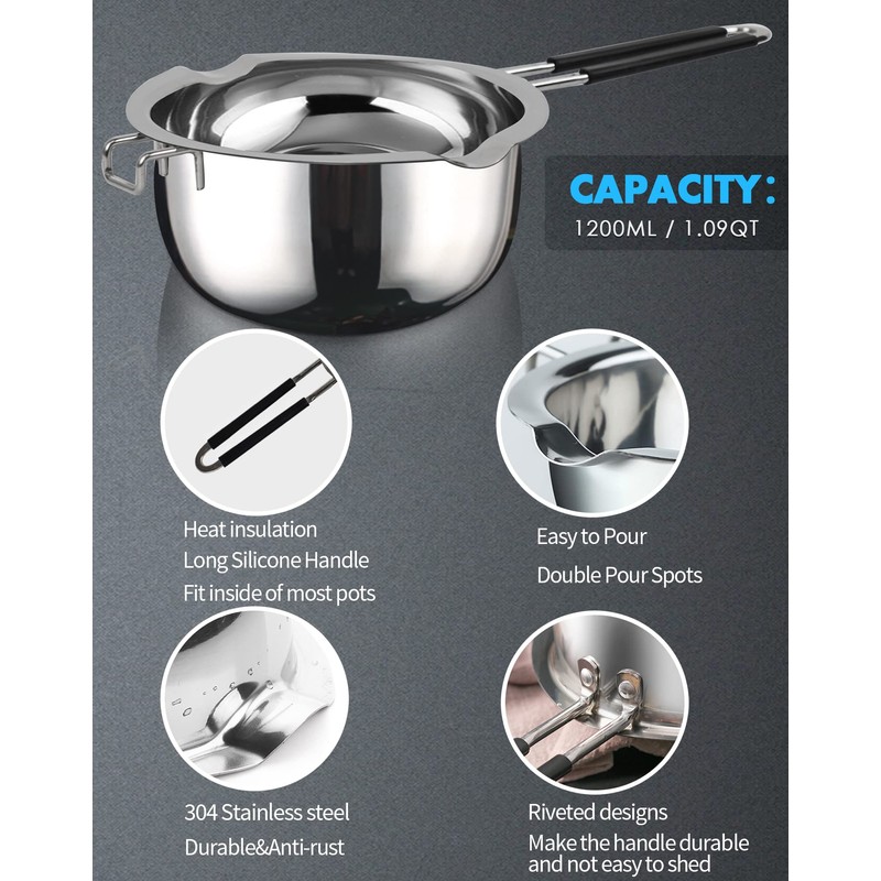 Double Boiler Pot Set,1200ML Double Boiler for Chocolate Melting, 2800ML