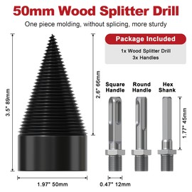 APIOLO Wood Splitter Drill Bit-3 Drilling Handles, Log Splitter Drill with 50MM Cones for Heavy Duty Detachable, Firewood Drill Bit Set Suitable for Family Heating, Camping, Woodworking