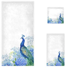 Naanle Beautiful Peacock Flowers Print Soft Luxury Decorative Set of 3 Towels, 1 Bath Towel+1 Hand Towel+1 Washcloth, Multipurpose for Bathroom, Hotel, Gym, Spa and Beach(Blue White)