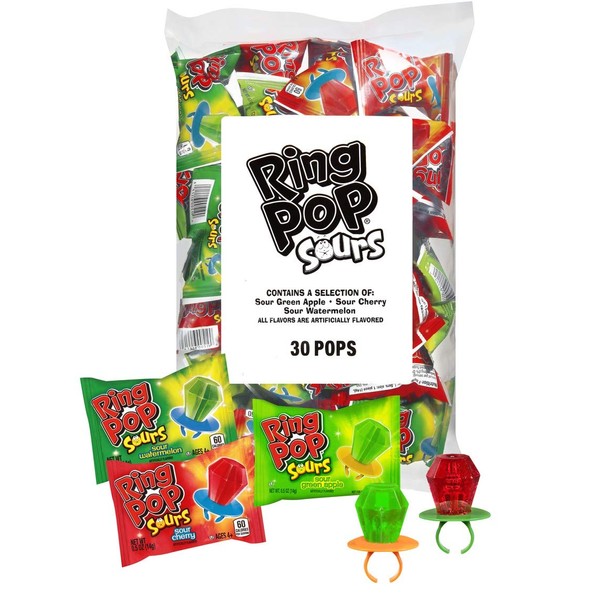 Ring Pop Sours Individually Wrapped Bulk Lollipop Variety Party Pack – 30 Count Lollipop Suckers w/ Assorted Flavors - Fun Candy for Birthdays and Celebrations