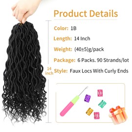 Goddess Locs Crochet Hair 14 Inch 6 Packs Pre Looped Goddess Faux Locs Crochet Hair For Kids Women Soft Crochet Locs With Curly Ends Synthetic Braids Hair Extensions(1B, 14 Inch, 6 Packs)