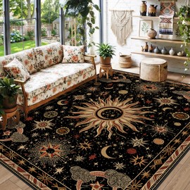 meejou Vacuum-Friendly, 5x7 Washable Area Rug, Black Gold Beige Red