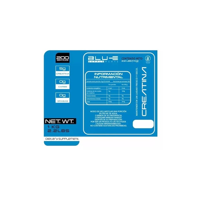 Blu-e Creatina Monohidratada 1k 200 Servicios Sabor Natural