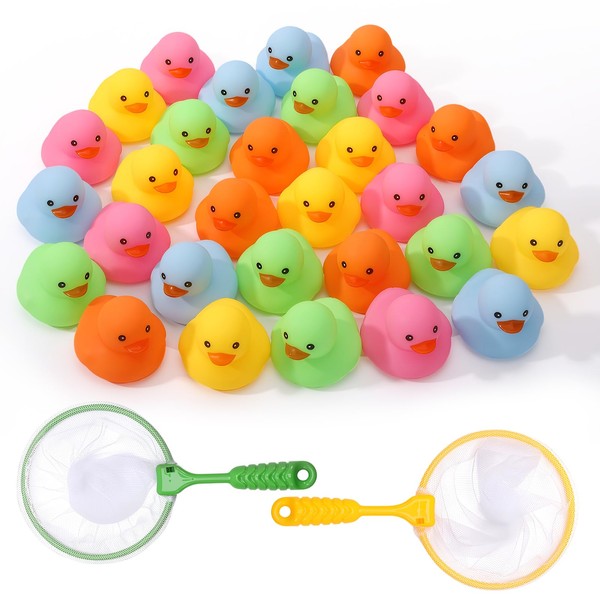 30pcs Rubber Ducks Bath Toys With 2 Fishing Net, Water
