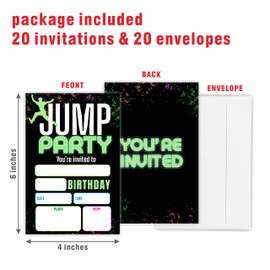 Jump Party Birthday Invitations, Glow Trampoline Birthday Party Invite Cards（20 Count) With Envelopes, Fill In Style Invite Cards For Boys & Girls, Birthday Party Supplies-B01