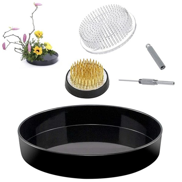 Japanese Ikebana Kit Floral Frog Flower Container Set with 9inch Plastic Bowl Vase Pot, 1.57inch Kenzan, 2.76inch Plastic Kenzan, 2-in-1 Kenzan Tool Clean and Straighten Pin (Set A)