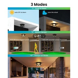 Outdoor Ceiling Light with Motion Sensor 9.3in - Porch Lights Outdoor, E26 Base, Flush Mount, 360° Detection, 3 Modes (Auto/Dusk to Dawn/Always-on), Farmhouse Ceiling Light for Porch, Entryway