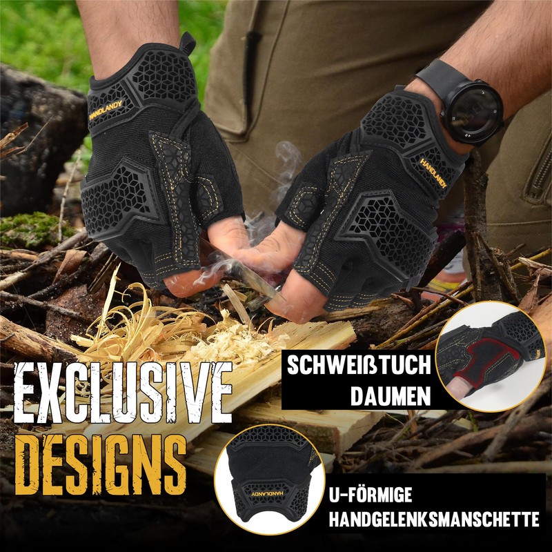 HANDLANDY Fingerless Work Gloves for Men Women, Padded, Non-Slip, Shockproof,