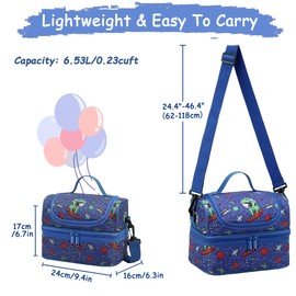 Kasgo Lunch Bag for Boys, Insulated Toddler Lunch Box Bag Large Dual Compartment Kids Cooler Bag Lunch Tote Bag with Adjustable Shoulder Strap for School Picnic, Blue Dinosaur