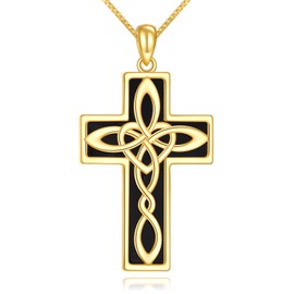 YAFEINI Gold Cross Necklace Sterling Silver Religious Irish Celtics Cross Heart Pendant Necklace 18k Gold Plated Black Onyx Cross jewellery Gifts for Women Girls