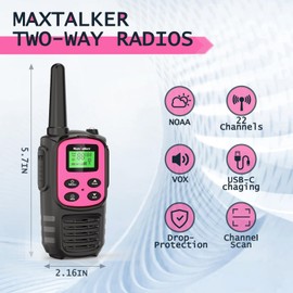 MaxTalker Walkie Talkies Long Range for Adult, MT10 Rechargeable Walkie Talkies FRS Two Way Radio, NOAA, 1200mAh Li-ion Battery USB-C Cable, LED Flashlight,VOX Walkie Talkie for Camping 2Pack (Pink)