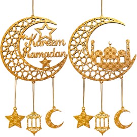 2PCS Ramadan Decorations 2025,Wooden Eid Hanging Decorations For Home Room Door Wall,Golden Castle & Star Moon Eid mubarak Decor For Islamic Muslim Al-Fitr Party Supplies,Eid Kareem Gift