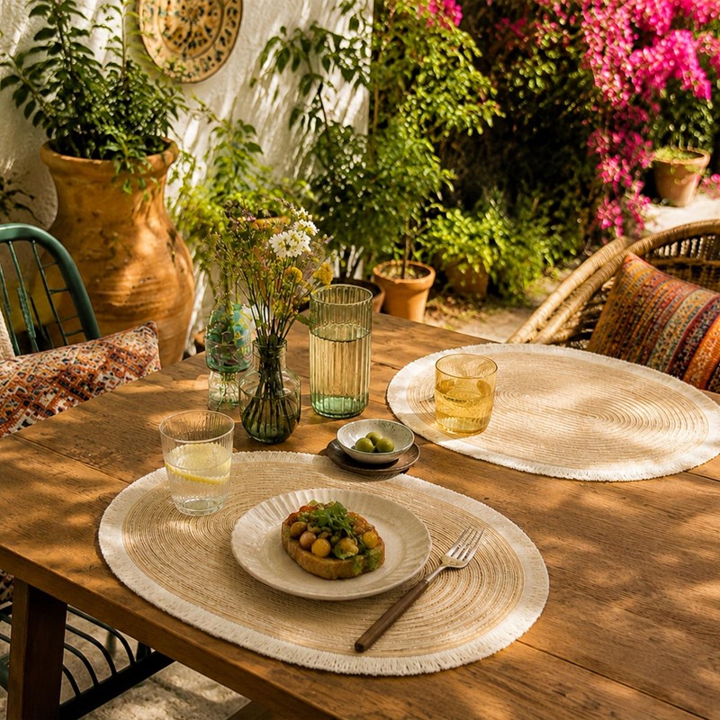 FAVE Boho Oval Woven Placemats Set of 6, Washable Table
