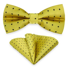 Men Bow Tie Pocket Square Set, Men Bowtie with Handkerchief For Wedding Party or Formal Tuxedo M-S-B6BT (Golden With Black Polka Dot)