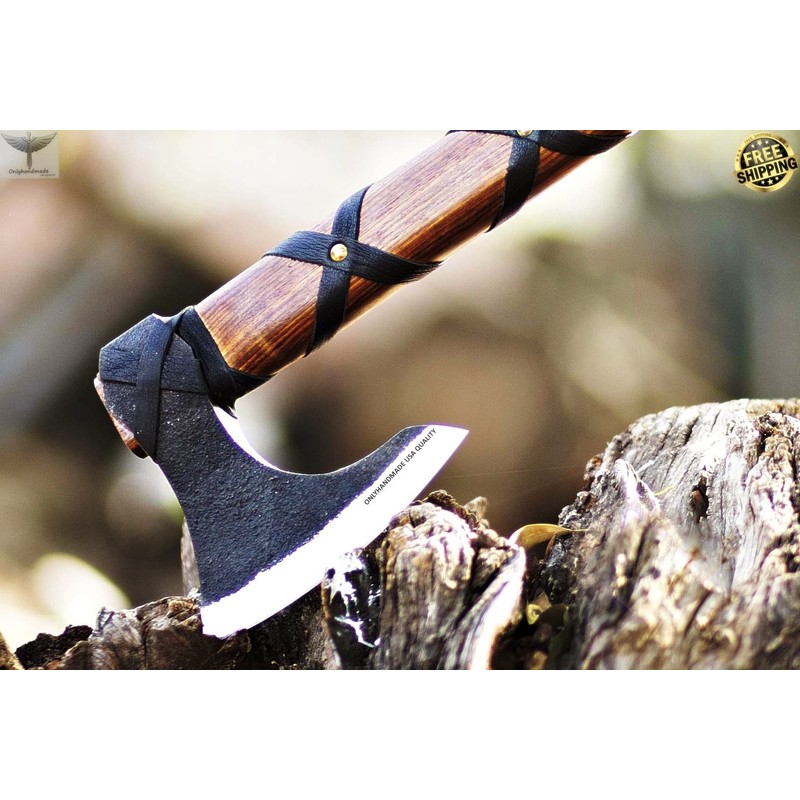 Custom Gift Forged Carbon Steel Viking Axe with Rose Wood