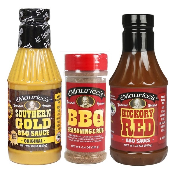 Maurice's BBQ Grill Trio Variety Set (Southern Gold BBQ Sauce, Hickory Red Sauce & Rib Rub BBQ Seasoning)