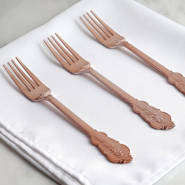 Efavormart 24 Pack | 8" Metallic Rose Gold Baroque Disposable Cutlery Plastic Forks for Wedding Party Banquet Events Candy Buffet