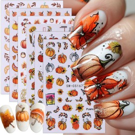 6 Sheets Fall Maple Leaf Nail Stickers 3D Self-Adhesive Thanksgiving Nail Art Stickers Pumpkin Leaves Sunflower Designs Nail Art Supplies Autumn Nail Decals for Women Girls Acrylic Nail Salon DIY