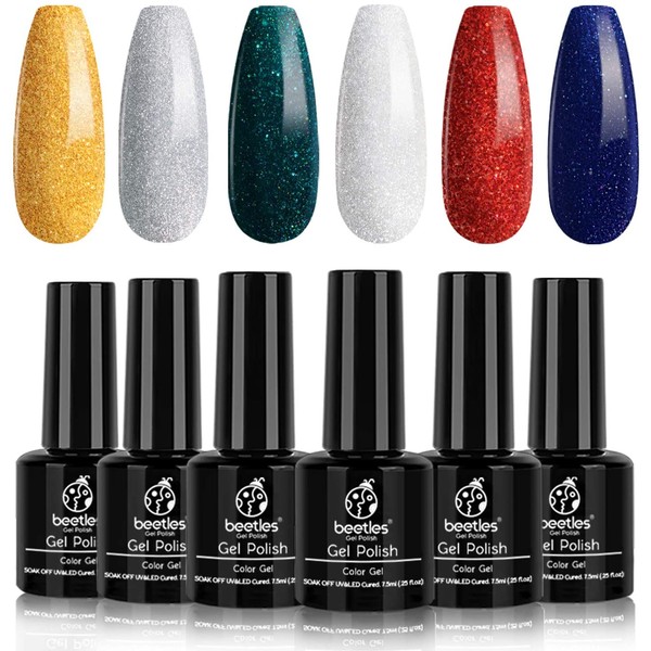 Beetles Christmas New Year Kit Gel Nail Polish Set Sparkle Red Green Yellow Blue Sliver Glitter Soak Off Nail Lamp LED Cured, 7.3ml Each Bottle for Nail Art Design Gift