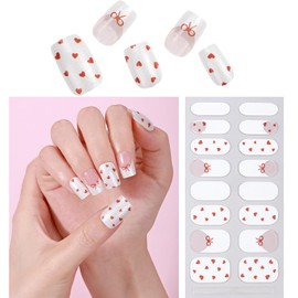 White French Tip Semi Cured Gel Nail Strips Valentines Day Heart Gel Nail Strips Polish Wraps Supplies Cute Bow Gel Nails Sticker Full Nail Wraps with UV Light Required Salon for Women Acrylic Nails