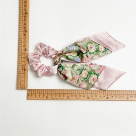 Women's Silk Satin Beige Pink Blue Scarf Scrunchies for Hair Ribbon Ties Bow Scrunchies with tail, Chiffon Floral Polka Dot Scrunchie Long Hair Bands Ties Ponytail Holder (4pcs Double Flower)