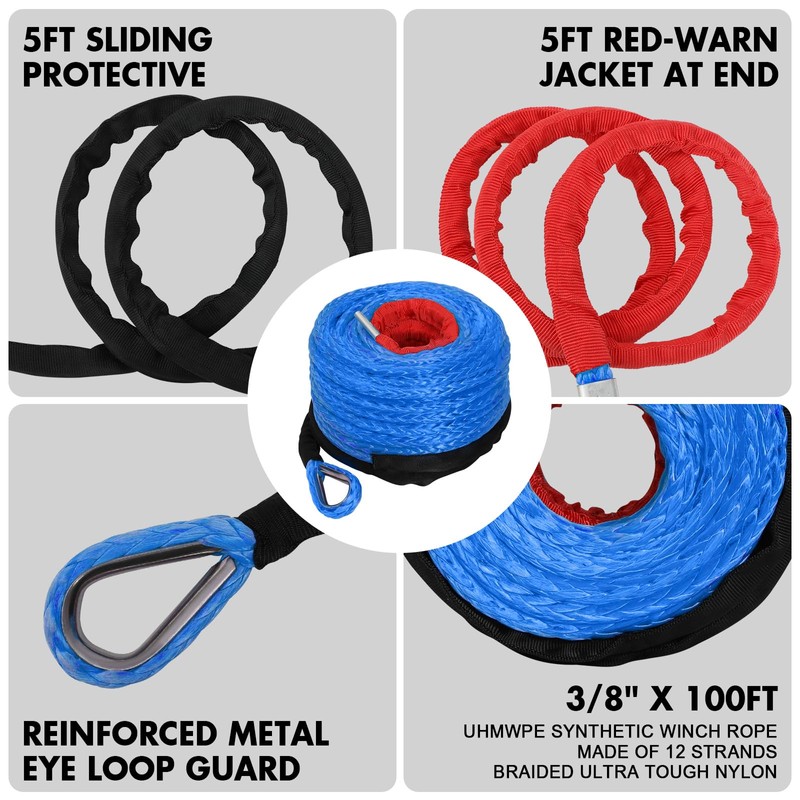 ZESUPER 3/8" x 100ft Synthetic Winch Rope Dyneema 12 Strand