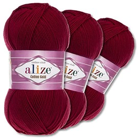 Wohnkult Alize 3 x 100 g Cotton Gold Premium Wool 59 Colours Summer Wool Yarn Knitting Amigurumi All Season Wool (57 | Bordeaux)