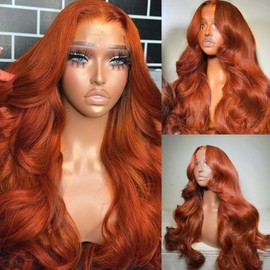 Alimoonbeam Ginger Orange 28 Inch13x6 Lace Front Wigs Human Hair Body Wave Frontal Wigs Human Hair for Women 180 Density Pre Plucked HD Transparent Lace Glueless 350 Colored Wig Bleach Knots