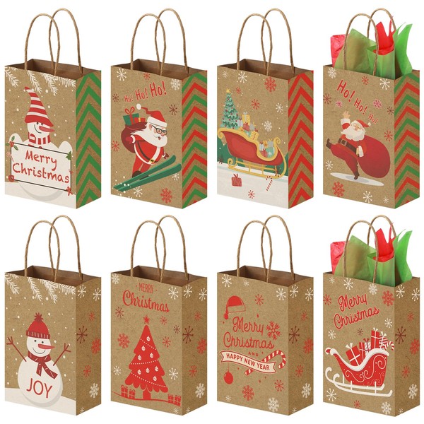 Koogel 12PCS Christmas Gift Bags with Tissue Paper, Christmas Treat Bags with Handle Christmas Goodie Bags for Christmas Party Favours Gift Exchange