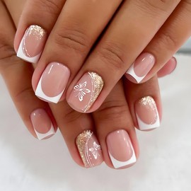 Short Square Press on Nails White French Tip Fake Nails Nude Full Cover Short Glue on Nails Nude Square Nails Press ons Glossy Acrylic Nails with Gold Glitter Lines Designs Butterfly Stick on Nails