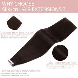 Silk-co Tape in Hair Extensions Human Hair 20 Pcs #02 Dark Brown Real Remy Hair Extension Tape on 18inch Skin Weft Straight